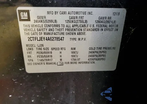 2010 GMC Terrain Slt z USA, uszkodzony, nr VIN 2CTFLJEY4A6278547